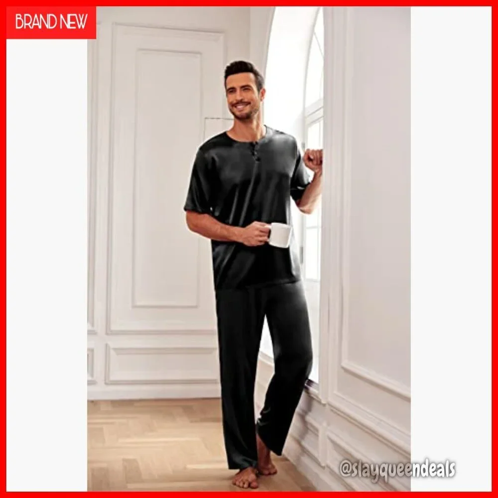 Men's Silk Satin Pajama Set Short Sleeve Lounge Sleepwear XXL